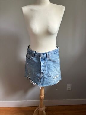 Levi's Light Blue Distressed Denim Mini Skirt with Frayed Hem